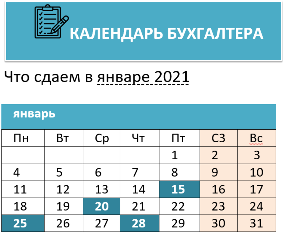 Календарь бухгалтера на январь 2021 года