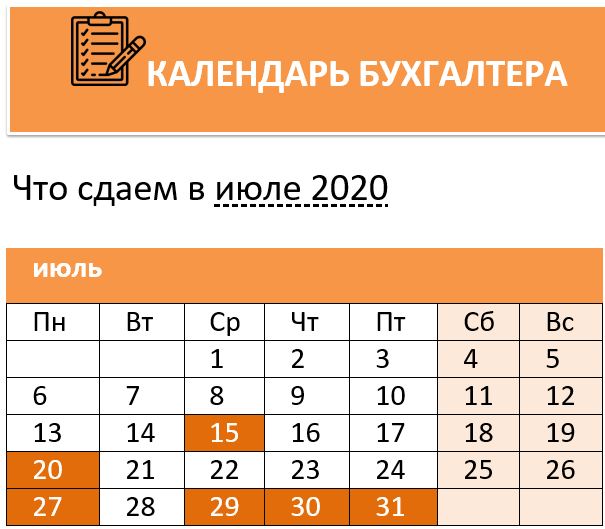 Календарь бухгалтера на июль 2020 года