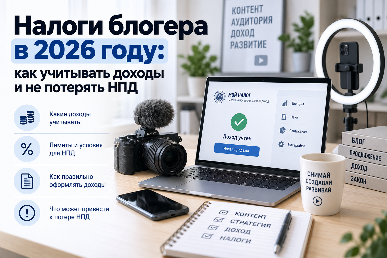 Налоги блогера в 2026 году: НПД, чеки и переход на УСН