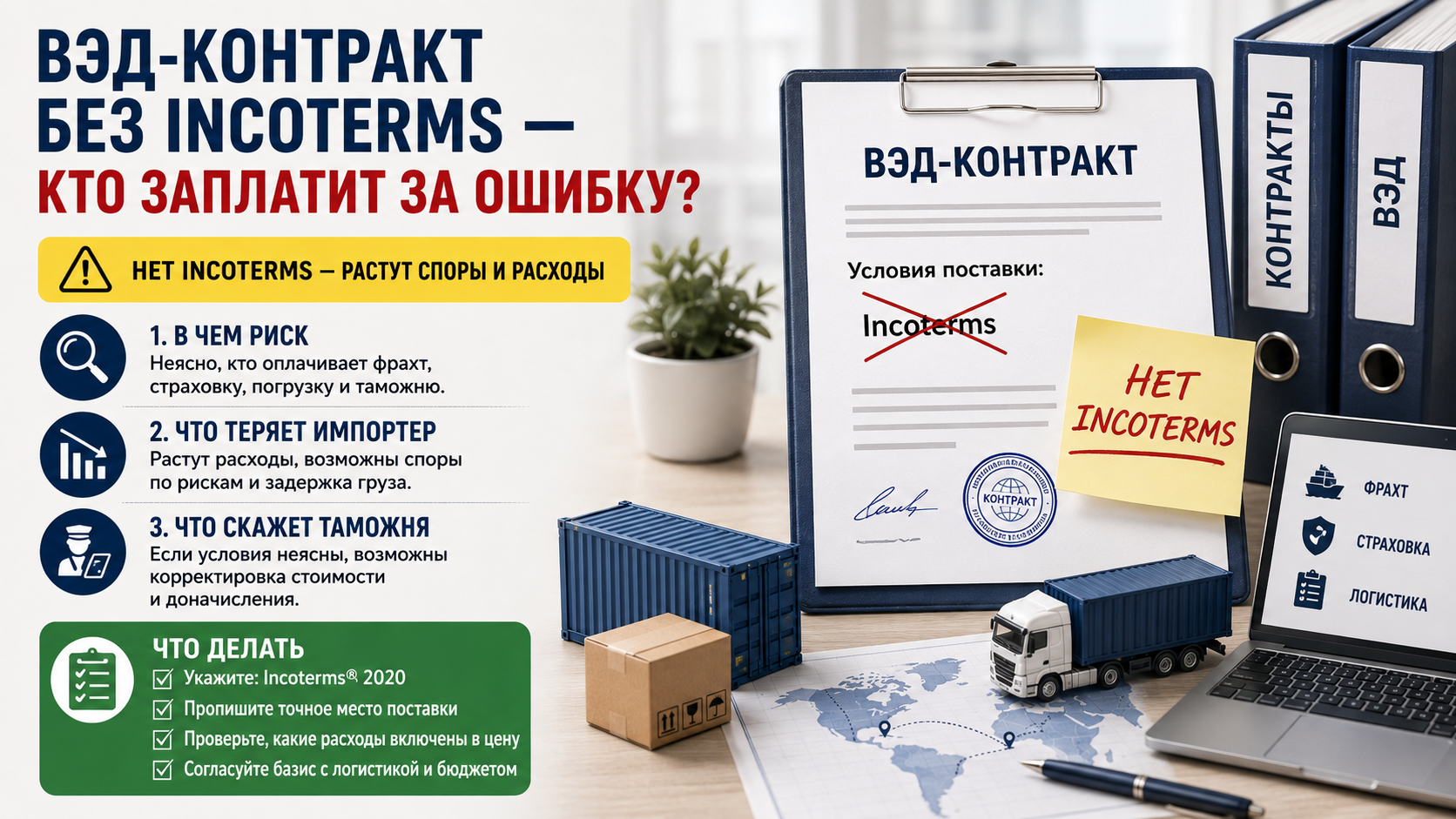 ВЭД-контракт без Incoterms: какие риски возникают у импортера